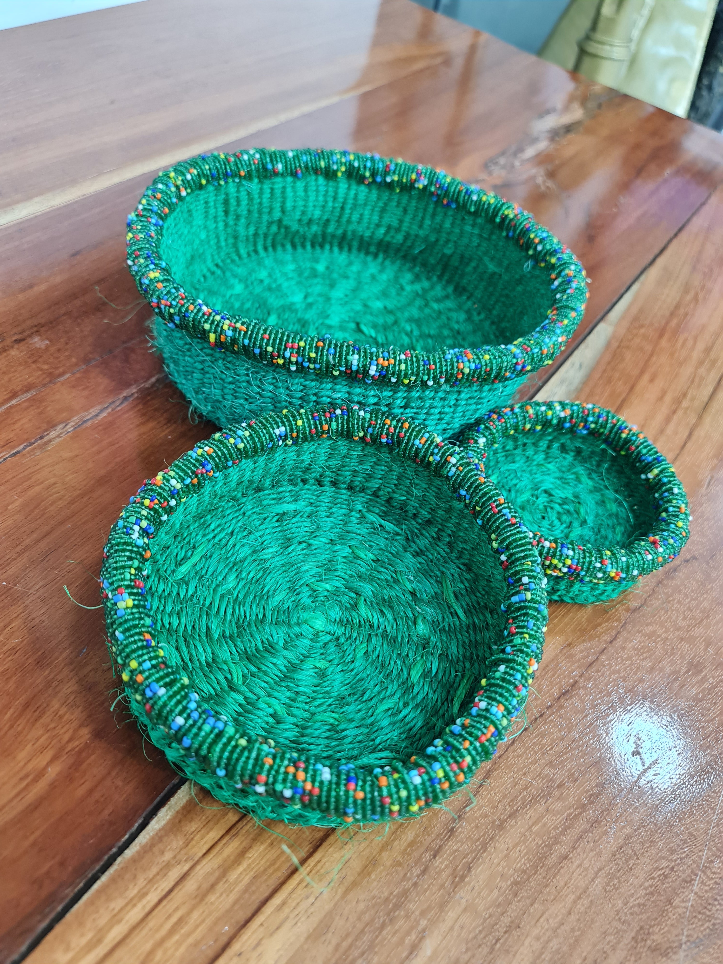 Green Beaded Rim Basket Set