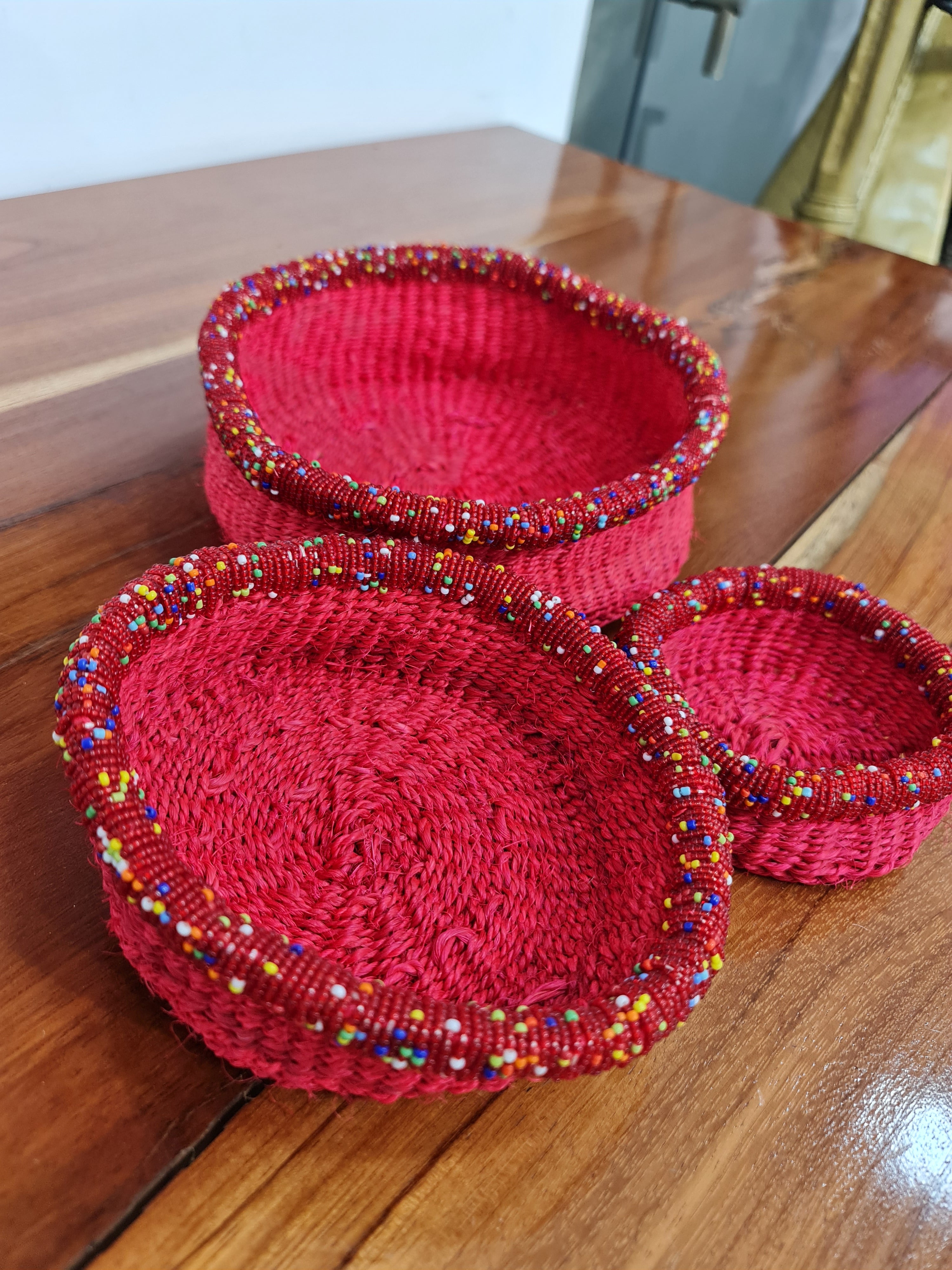 Red Beaded Rim Basket Set